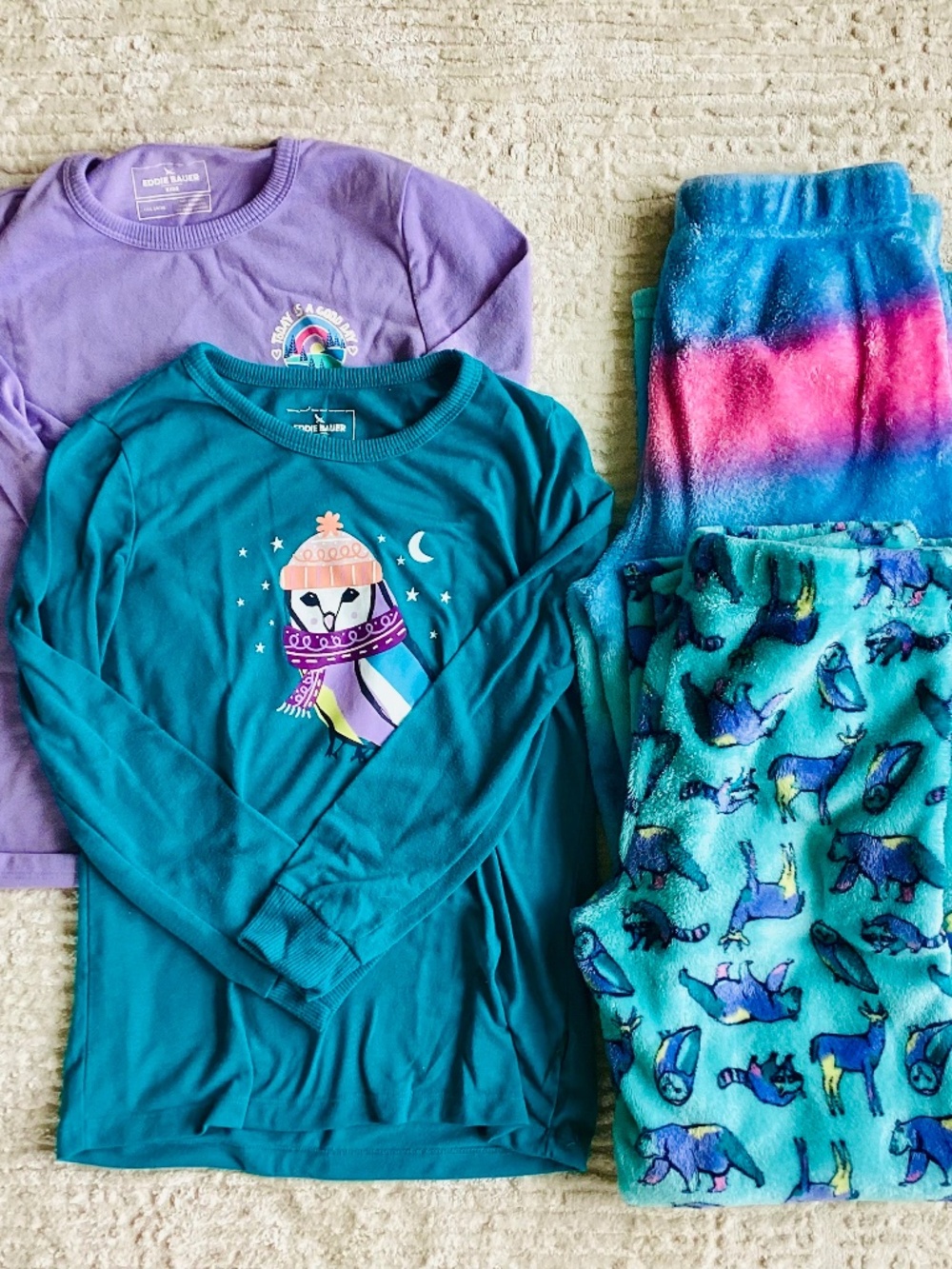 Eddie Bauer long-sleeve pajama set Girls L 14 Winter 4 Piece Owl Fleece Pants
